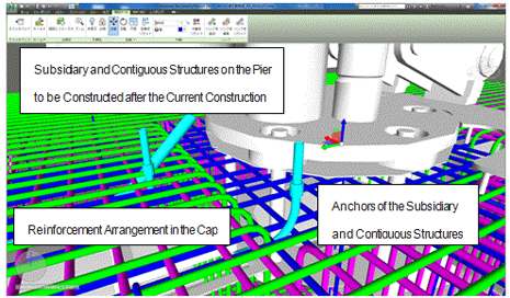 Diagram 4: Reinforcement arrangement in the cap, and interference check of anchors and plumbers of the subsidiary and contiguous structures