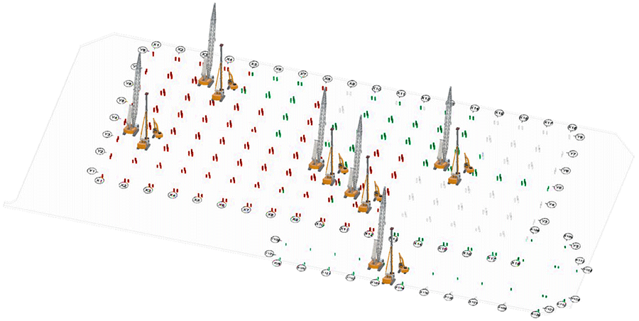 図３　重機位置と杭工事進捗状況例（緑：先行掘削完了　赤：打設完了）